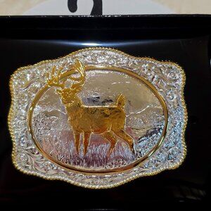 Vintage Crumrine NIB Western Whitetail Deer Silver Gold Rectangle Belt Buckle